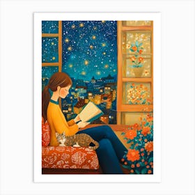 Girl Reading Book with Her Cat 17 Art Print