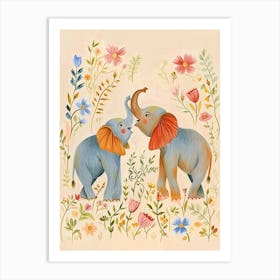 Folksy Floral Animal Drawing Elephant 3 Art Print