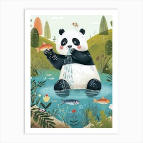 Giant Panda Catching Fish In A Tranquil Lake Storybook Illustration 1 Art Print