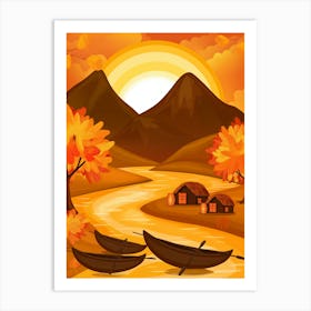 Autumn Landscape With Boats 1 Art Print