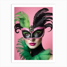 A Woman In A Carnival Mask, Pink And Black (50) Art Print