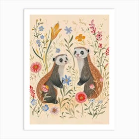 Folksy Floral Animal Drawing Ferret Art Print