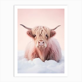 Pink Highland Cow Lying In The Snow 1 Art Print