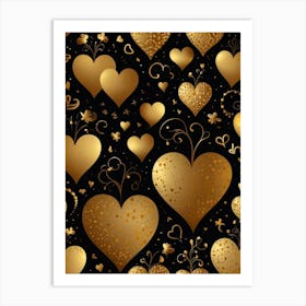 Gold Hearts On Black Background 1 Art Print