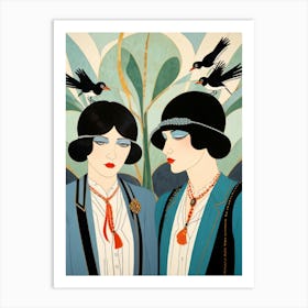 Two Women With Birds Art Print