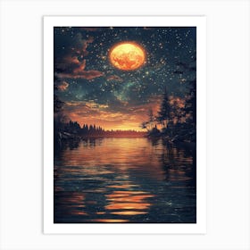 Full Moon Over Lake 1 Art Print