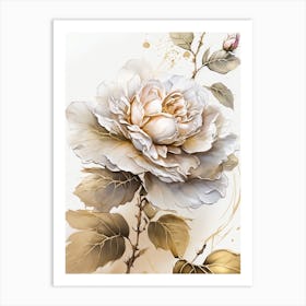 White Rose With Gold Leaves Art Print