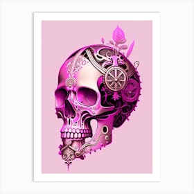 Skull With Steampunk Details 3 Pink Line Drawing Art Print