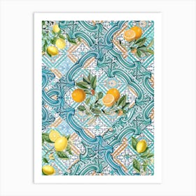 Mediterranean azure tiles, oranges and citrus Art Print