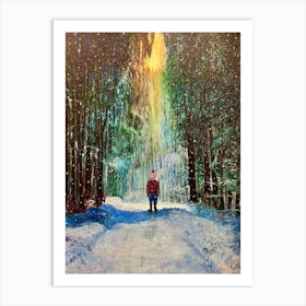 Winter's Promise Boy In Snowy Forest Light from Above Art Print