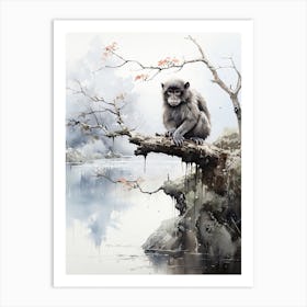 Jigokudani Monkey Park In Nagano, Japanese Brush Painting, Ukiyo E, Minimal 1 Art Print