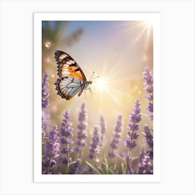 Butterfly Flying Over Lavender Flowers Art Print