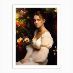 Portrait Of A Young Woman in a garden of flowers wearing an edwardian victorian white dress beautiful portrait Art Print