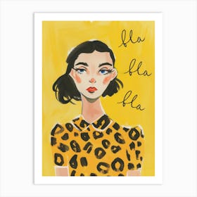 Bla Bla Bla. Woman with Short Hair and Leopard Print Dress. Retro Watercolor Portrait French Art Print