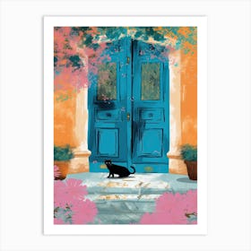 Black Cat Mediterranean Blue Door Illustration Art Print