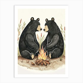 American Black Bear Two Bears Sitting Together Storybook Illustration 4 Art Print