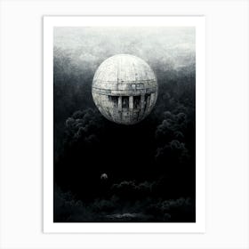 Round Spaceship Coming To Earth Black And White Art Print