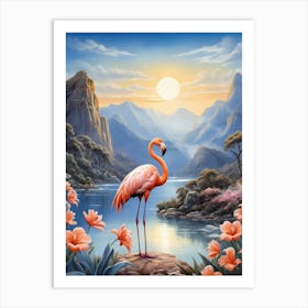 Floral Blue Flamingo Painting (44) Art Print