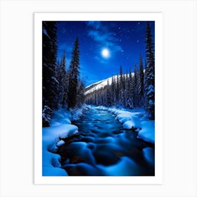 Midnight Wilderness Featuring A River Coursing Through Snowy Forests Under Moonlight Long Exposure Art Print