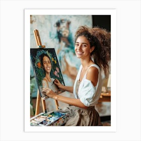 Cheerful Young Woman Painting In Her Art Studio Art Print