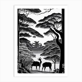 Nara Park, Japan Linocut Black And White Vintage Art Print