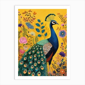 Whimsical Floral Portrait Of A Peacock 2 Art Print