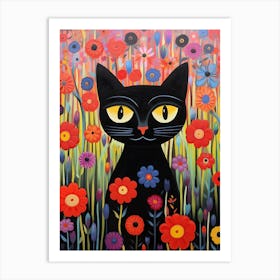 Black Cat In Flowers Art Print