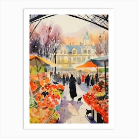 Food Market With Cats In Paris 4 Watercolour Art Print