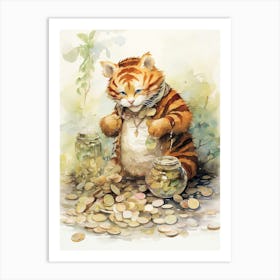 Tiger Illustration Collecting Coins Watercolour 2 Art Print