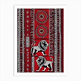 African Quilting Inspired Art of Lion Folk Art, Poetic Red, Black and white Art, 1221 Art Print