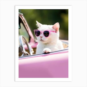 White Cat In Sunglasses Driving Pink Car, Preppy Aesthetic Art Print