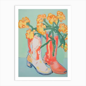 Painting Of Yellow Flowers And Cowboy Boots, Oil Style 1 2 Art Print