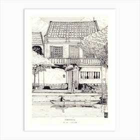 Hoi An Townhouse Art Print - Vietnam Fine Line Sketch - Black Line Illustration, Travel Art Print Art Print