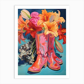 Oil Painting Of Colourful Flowers And Cowboy Boots, Oil Style 1 Art Print