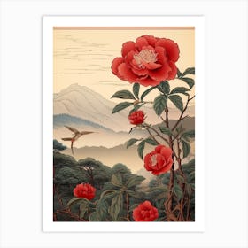 Higanatsu Red Camellia 1 Japanese Botanical Illustration Art Print