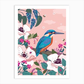 Kingfisher Perched By White Poppies Art Print