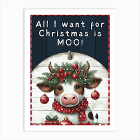 Cute Christmas Cow Blue Sign Art Print