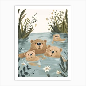 Sloth Bear Family Swimming In A River Storybook Illustration 3 Art Print