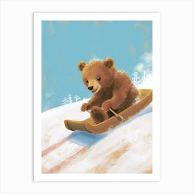 Brown Bear Cub Sledding Down A Snowy Hill Storybook Illustration 1 Art Print