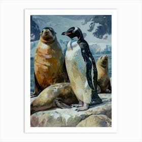 Adlie Penguin Sea Lion Island Oil Painting 1 Art Print