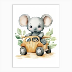 Baby Koala On A Toy Car, Watercolour Nursery 2 Art Print