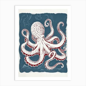 Navy Blue & Red Linocut Inspired Octopus 4 Art Print