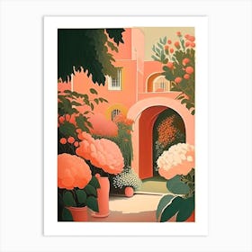 Courtyard With Peonies 1 Orange And Pink Vintage Sketch Art Print
