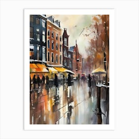 Amsterdam cafes, winter season, winter oil colors, pedestrians in the street, winter clothes, rain falling, Amsterdam print, Netherlands print, travel gift, Netherlands poster.30 1 Poster