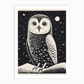 B&W Bird Linocut Snowy Owl 2 Art Print