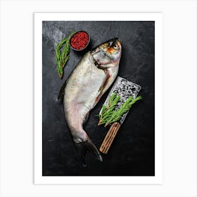 Silver carp, raw whole fish — Food kitchen poster/blackboard, photo art Art Print