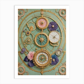 Pastel Steampunk Clocks And Flowers Art Print