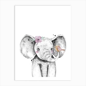 Safari Babies Elephant With Flower Art Print