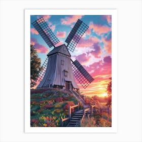 Windmill At Sunset Art Print