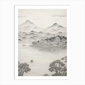 Amanohashidate In Kyoto, Ukiyo E Black And White Line Art Drawing 2 Art Print